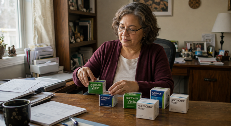 Woman sorting sealed OneTouch, Contour Next, and Accu-Chek test strip boxes