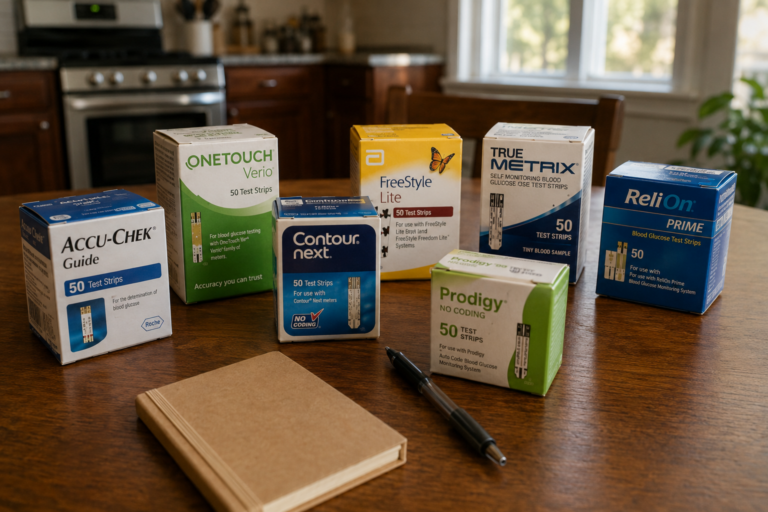 Assorted sealed blood glucose test strip brands arranged on a kitchen table