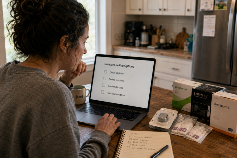 Woman researching options for selling unused diabetes supplies from home