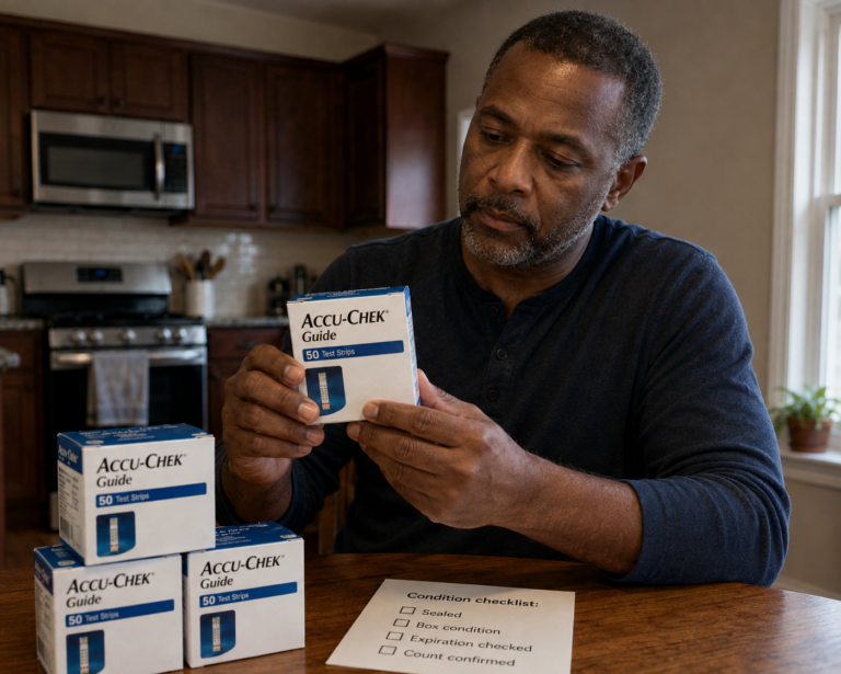 Man inspecting a sealed Accu-Chek Guide test strip box at his kitchen table