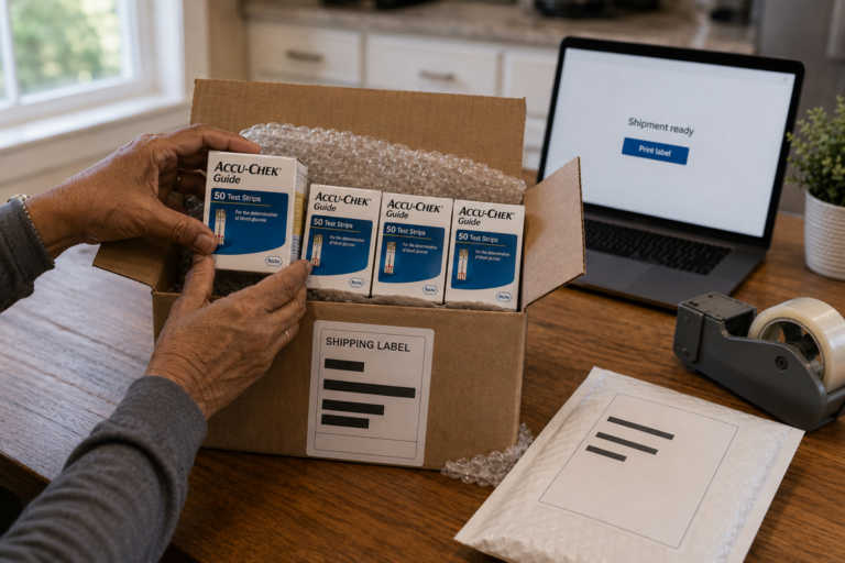 Hands packing sealed Accu-Chek Guide test strips with protective bubble wrap