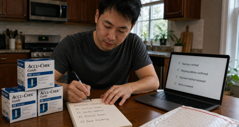 Seller using a checklist while preparing sealed test strip boxes for shipment