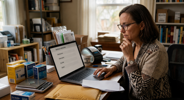 Seller verifying a test strip buyer’s business address before shipping diabetes supplies