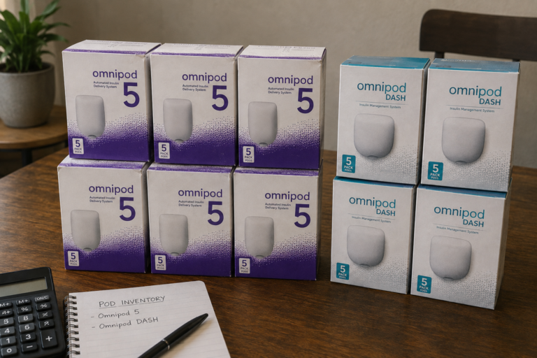 Sealed Omnipod 5 and Omnipod DASH pod boxes arranged for inventory