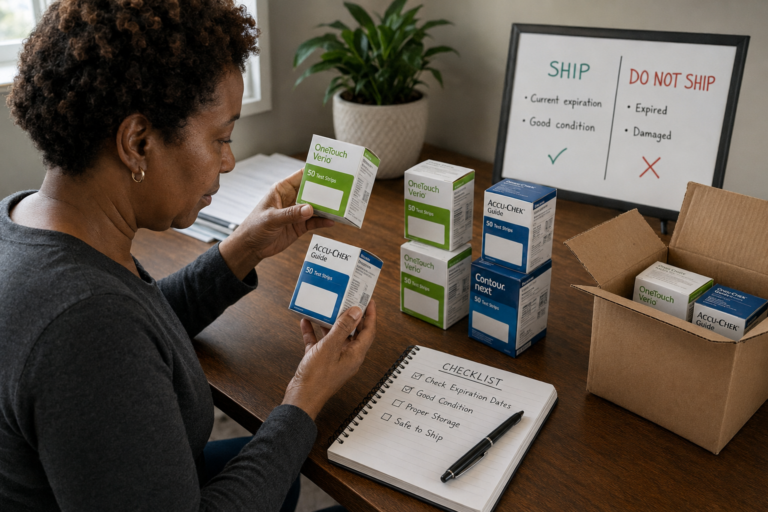 Woman checking sealed test strip boxes before organizing them for shipping