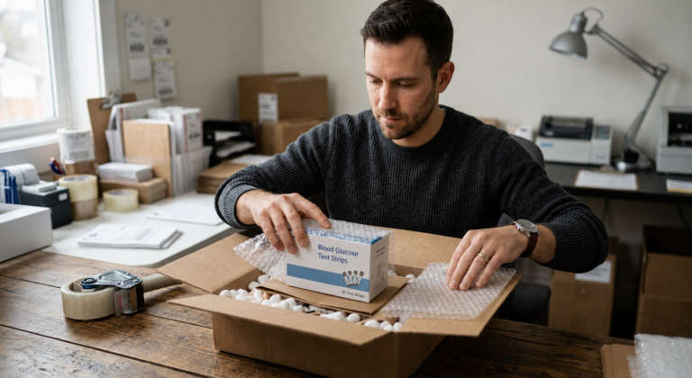 Man packing a sealed blood glucose test strip box with protective materials
