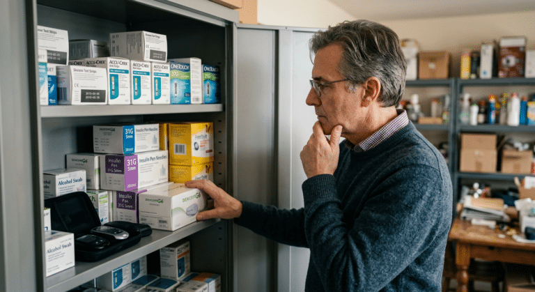 person looking of unused diabetic supplies