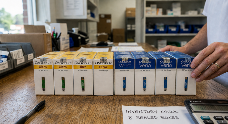 Four sealed OneTouch Ultra and four OneTouch Verio test strip boxes arranged for inspection