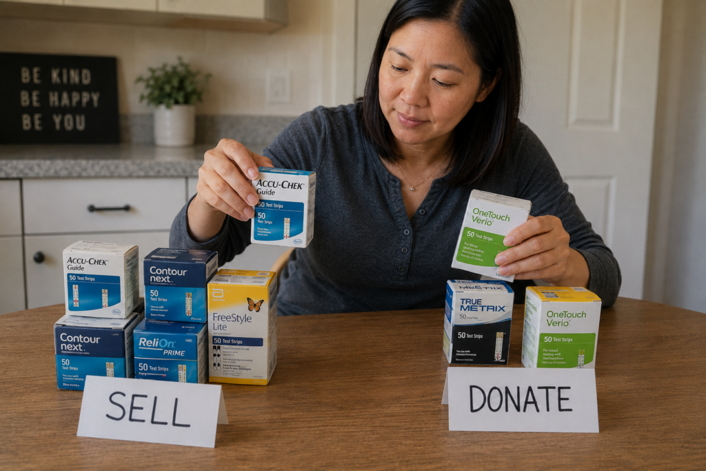 Woman sorting sealed test strip boxes into sell and donate groups