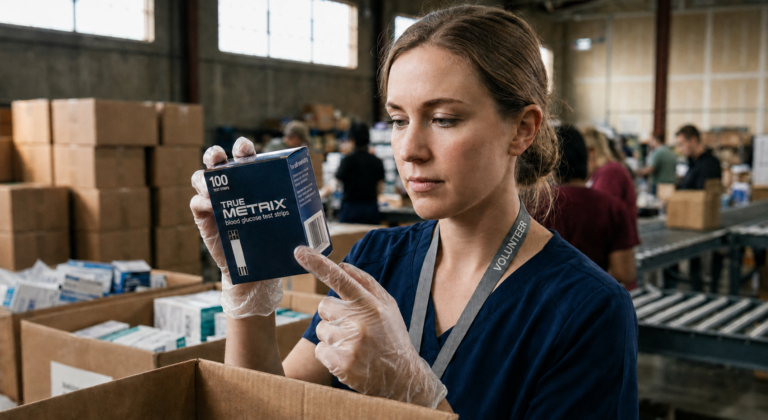 Female volunteer inspecting a sealed True Metrix 100-count test strip box at a medical supply center