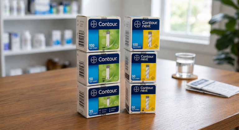 Sealed Bayer Contour and Contour Next test strip boxes on a table