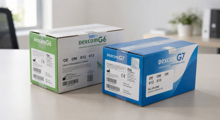 Dexcom G6 and G7 boxes with inventory reference code labels