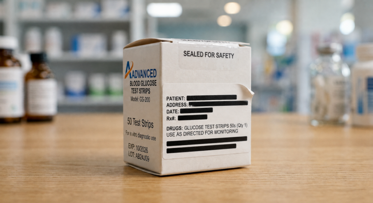 Partially lifted pharmacy label with personal information covered on a sealed test strip box