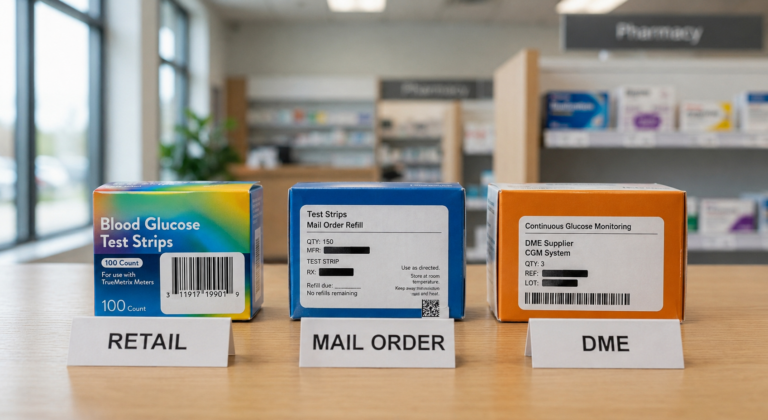 Retail, mail order, and DME medical supply boxes compared on a pharmacy counter