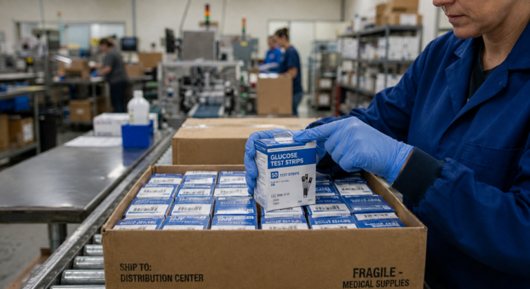 Quality-control worker inspecting the seal on an unopened box of glucose test strips