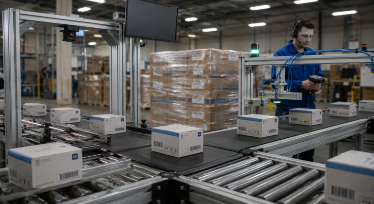 Sealed test strip boxes moving through an inspection and processing facility
