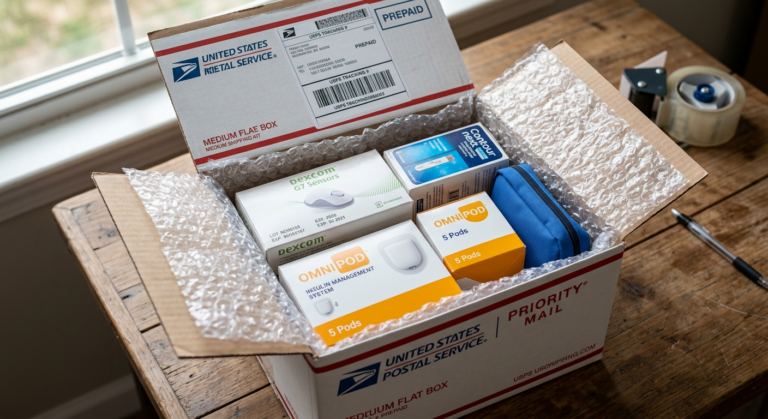 Carefully padded diabetic supply boxes inside a prepaid shipping kit