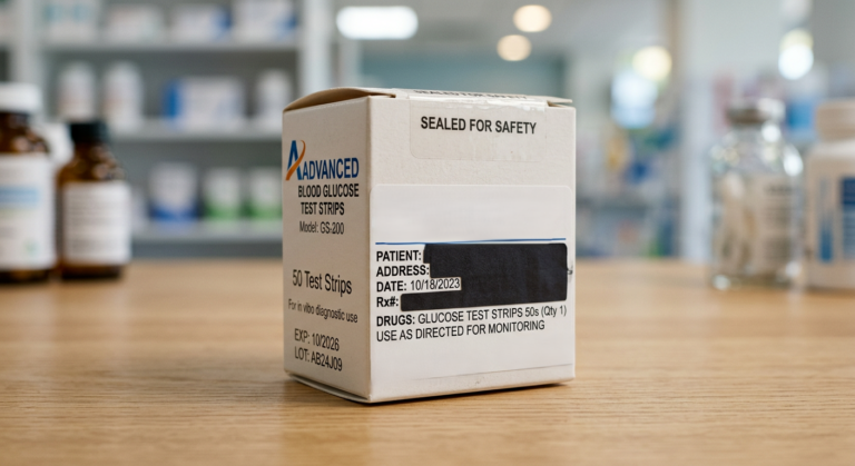 Pharmacy label with personal details covered carefully on a sealed test strip box