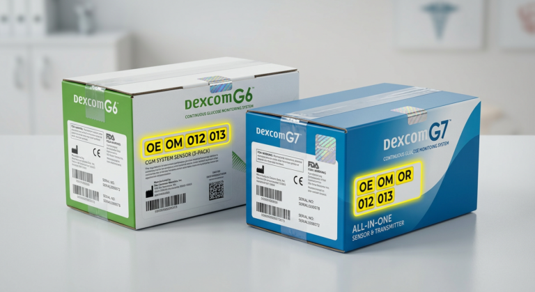 Sealed Dexcom G6 and G7 boxes with OE, OM, OR, 012, and 013 codes highlighted