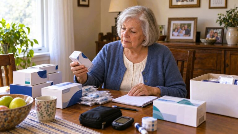 Caregiver carefully sorting a loved one’s sealed leftover diabetic supplies at home