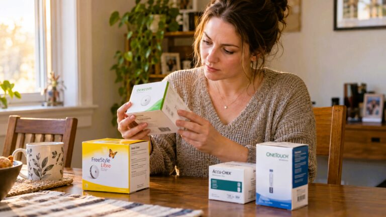 Person comparing expiration dates on sealed Dexcom, Libre, and test strip boxes