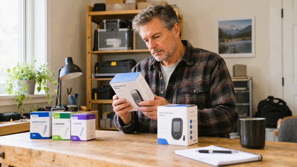 Person comparing sealed lancet boxes and glucose meters before requesting a quote