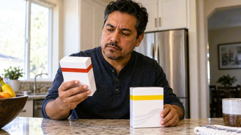 Seller comparing red and yellow stripe markings on sealed test strip boxes