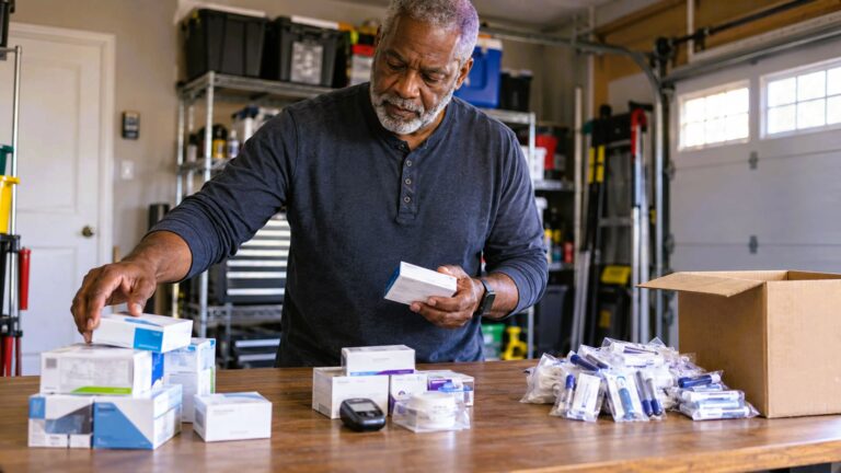 Person sorting sealed diabetic supplies before deciding whether to sell or discard them