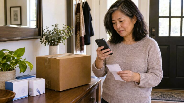 Seller checking tracking details for a sealed diabetic supply shipment at home