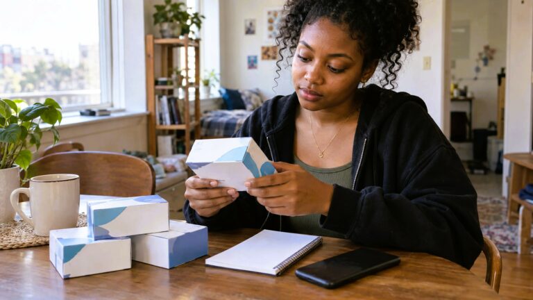 Young adult reviewing sealed diabetic test strip boxes before contacting Test Strip Buyers